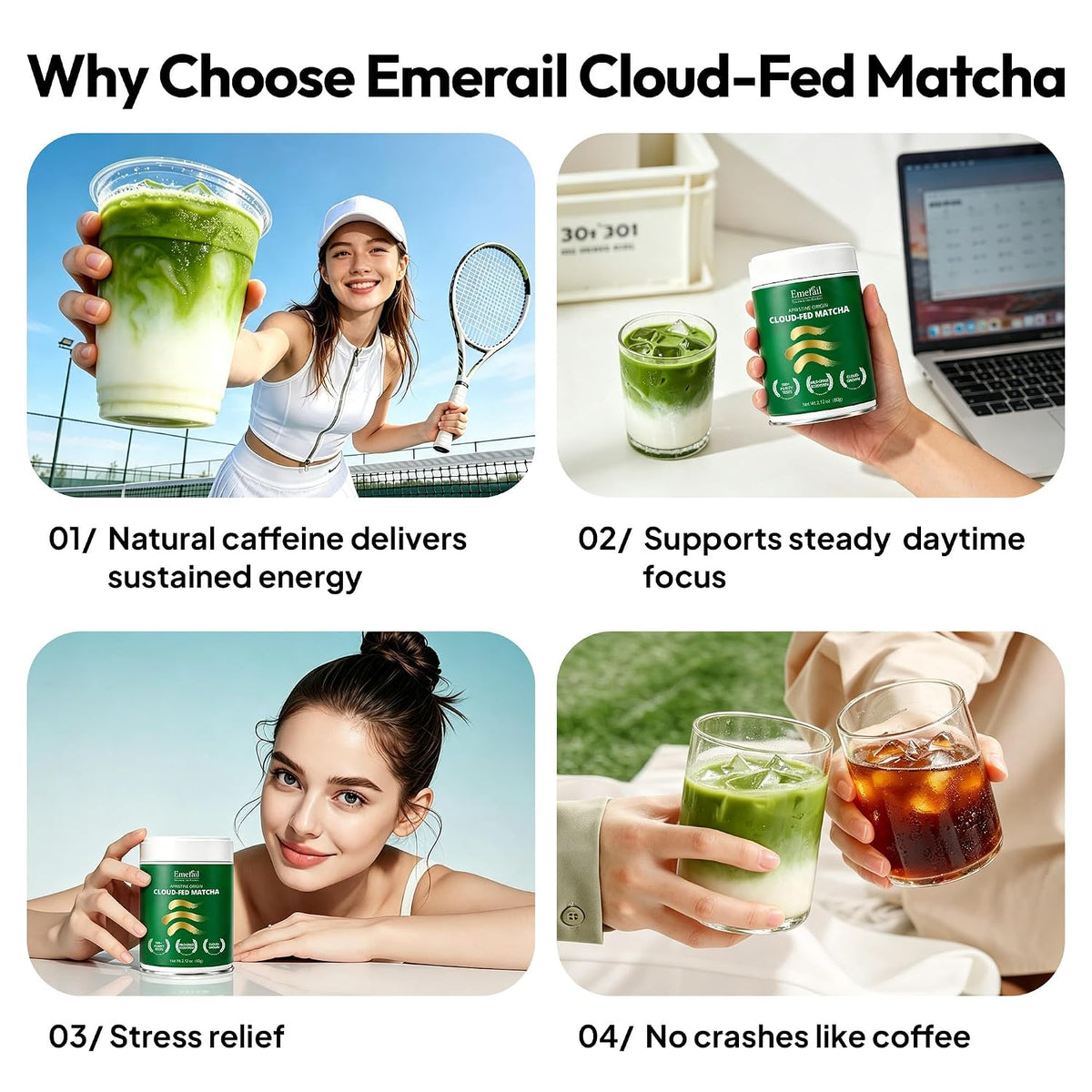Emerail cloud-fed matcha canister with green matcha drinks in a lifestyle collage