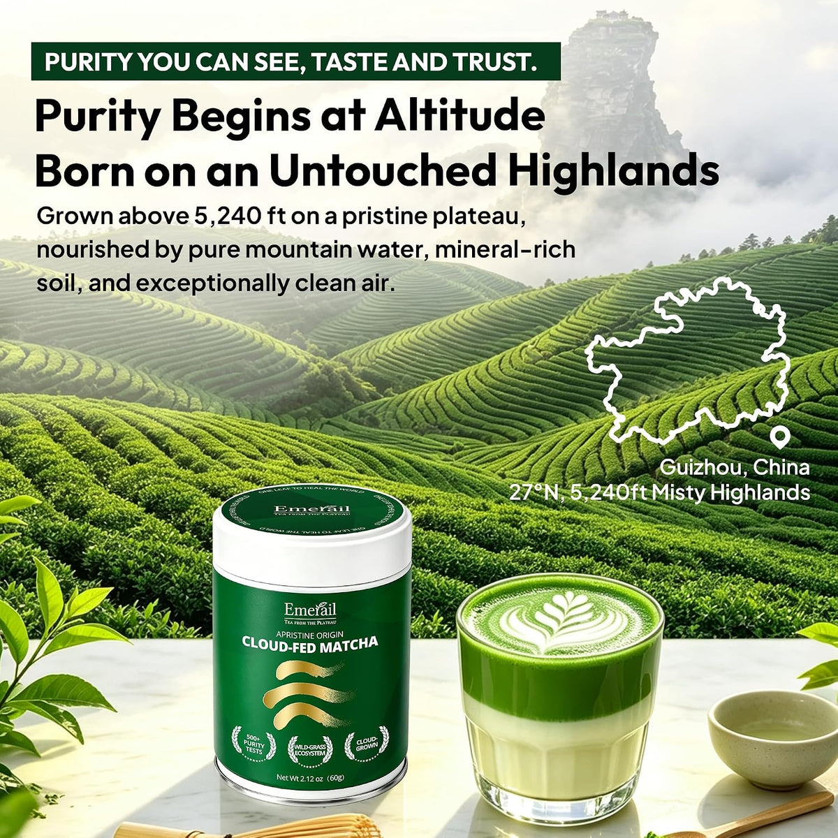 Emerail cloud-fed matcha canister beside a glass cup of whisked green matcha